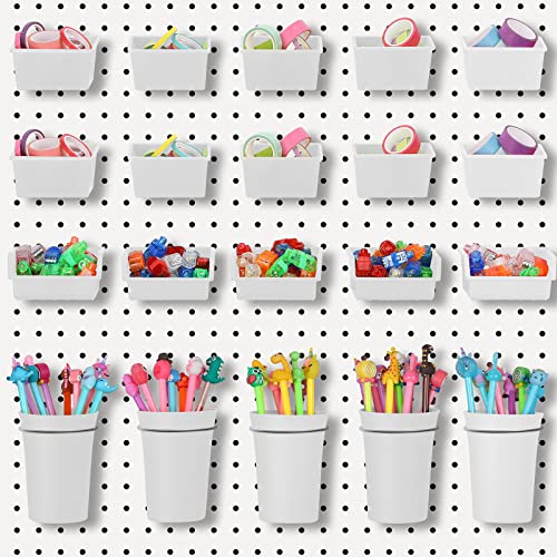 Yookeer 20 Pcs Pegboard Bins and Cups with Hooks and Loops Peg Assortment Organizer Accessories Various Tool Organizer Pegboard Baskets Set for Garage Workshop Workbench Office(White) - color: White