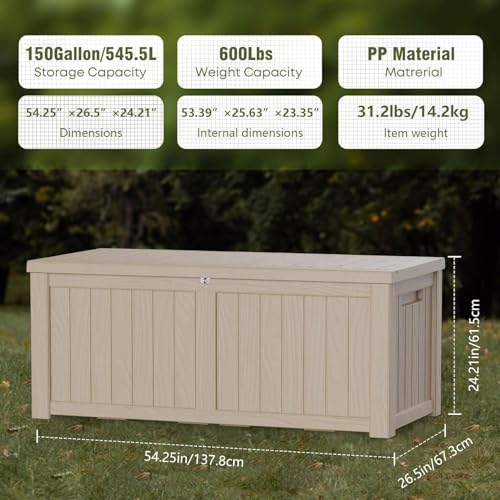 Outdoor Storage Box Waterproof, 150 Gallon Large Deck Box Lockable, Patio Storage Bin Resin for Pool Accessories Cushion Furniture, Garden Tools, UV-Resistant Outside Delivery Grey - color: Grey, size: 150 Gallon