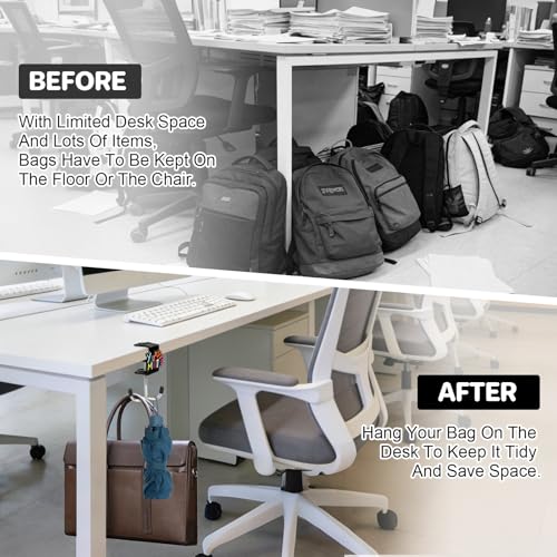 AULEEP 2 Pack Clamp-On Under Desk Bag Hanger, Adjustable Purse Hook for Table with Cute DIY Stickers, 100 lbs Capacity Heavy-Duty Desk Organizer Hooks for Handbag, Backpack, Headphone, Black & White - color: Black & White