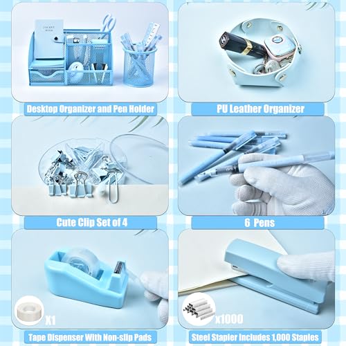 Blue Desk Accessories, 26Pcs Office Supplies and Desk Organizers, with Tape Dispenser, Stapler, Staple Remover, Ect, Gift Box Packaging - color: Blue