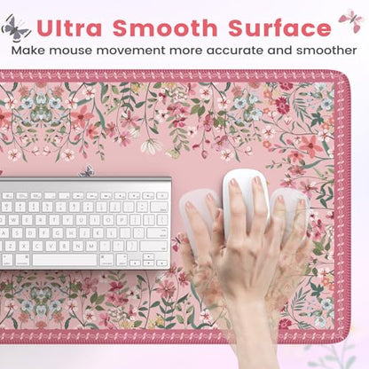 HAOCOO Rose Desk Pad Mat Floral, Cute Desk Matt for Desktop, Non-Slip Large Mouse Pad with Edge Stitching, Waterproof Keyboard Mat for Gaming, Office, Women Office Aesthetics - color: Dark Pink