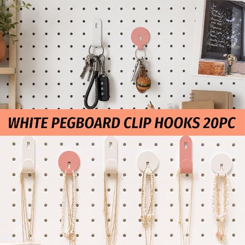 HUHOLE 20PC White Pegboard Clip Hooks for Thin Metal 1/4 Inch Pegboard | Picture Hangers with 10 lb Capacity, 10 Round and 10 Angled Peg Hooks for Jewelry, Crafts and Small Accessories - color: White