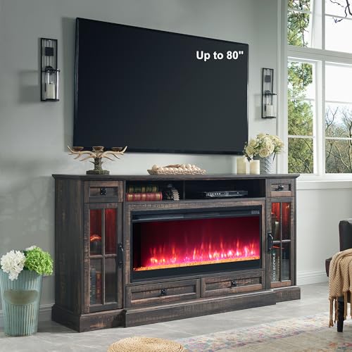RedLemon Farmhouse Fireplace TV Stand for 80 Inch TV, 36" Tall Entertainment Center with 42" Crystal Eletric Fireplace, Modern Media Console Table with LED Lights for Living Room, Dark Rustic Oak - color: Dark Rustic Oak