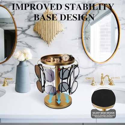 kondyfayo 360° Rotating Sunglass Organizer Storage, Stainless Steel Glasses Holder Stand, Glasses Organizer with Tray for Desk, Dresser, Tabletop, Nightstand and Home Decor (Gold)