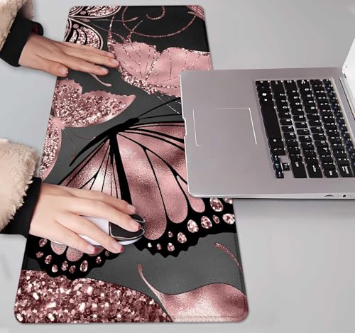 IMAYONDIA Gaming Mouse Pad for Women, Large Non-Slip Rubber Base Mousepad with Stitched Edges, Keyboard Mouse Mat Desk Pad for Work, Game, Office, 31.5x11.8 Inch - Rose Gold Glitter Foil Butterfly - color: Rose Gold Butterfly