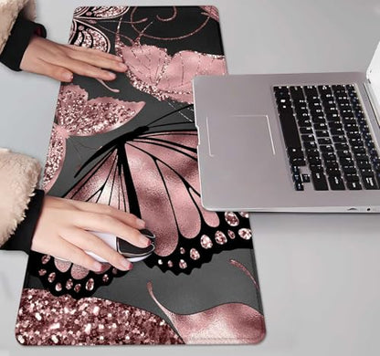 IMAYONDIA Gaming Mouse Pad for Women, Large Non-Slip Rubber Base Mousepad with Stitched Edges, Keyboard Mouse Mat Desk Pad for Work, Game, Office, 31.5x11.8 Inch - Rose Gold Glitter Foil Butterfly - color: Rose Gold Butterfly
