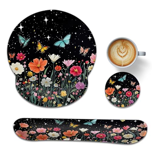 Ergonomic Keyboard and Mouse Wrist Rest Set, Colorful Butterfly Flowers Mouse Pad with Non Slip Base, Soft Cloth Surface for Office and Home Typing Support - color: Colorful Butterfly Flowers