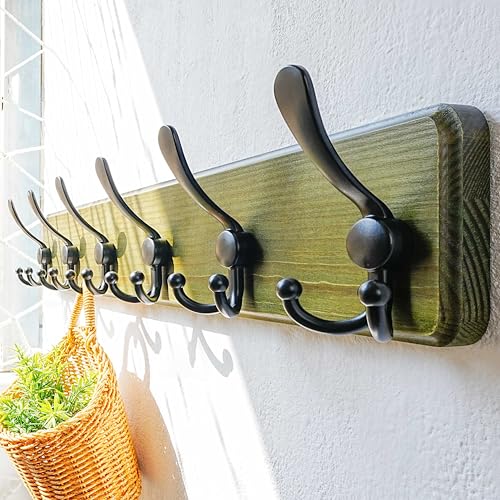 Dseap Coat Rack Wall Mounted - 24" Long 6 Tri Hooks, Heavy Duty Wooden Wall Coat Hanger Coat Hook for Clothes Hat Jacket Clothing, Weathered Green and Black - color: Weathered Green & Black, size: L=24"