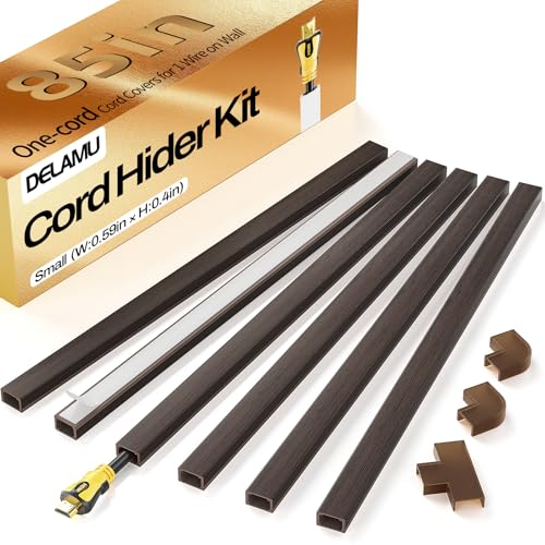 Delamu Cord Hider, 85in Cord Covers for 1 Wire on Wall, One-Cord Cable Hider, Easy Mount Wire Hiders Wire Covers for TV Cords on Wall, PVC Cable Cover Management Kit, 6X L14.2 W0.59 H0.4in, Darkwood - color: DarkWood, size: 85in L x 0.59in W x 0.4in H