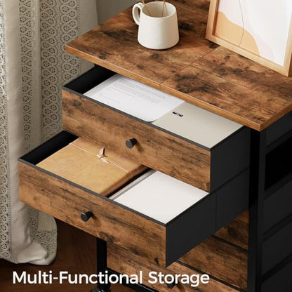 MAHANCRIS 5 Drawer File Cabinet,Rolling Filing Chest Cabinet with Wheels, Under Desk Storage Organizer, Printer Stand with Non-Woven Fabric Drawer, for Home Office, Study, Rustic Brown FCHR4801 - color: Rustic Brown, Black