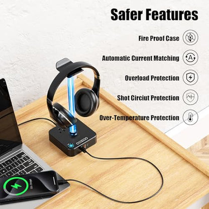 RGB Headphone Stand with USB Charger COZOO Desktop Gaming Headset Holder Hanger with 3 USB Charger and 2 Outlets - Great for Gaming, DJ, Wireless Earphone Display,Gamer PC Accessories Boyfriend Gifts - color: 2.Multi-LED lights