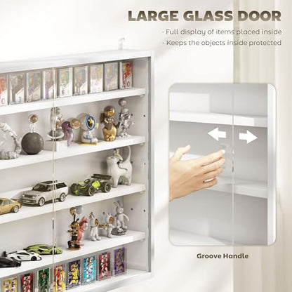 HOMCOM 5-Tier Display Cabinet, Glass Door Cabinet with Adjustable Shelves, Wall-Mounted Display Case for Playroom, Bedroom, White - color: White