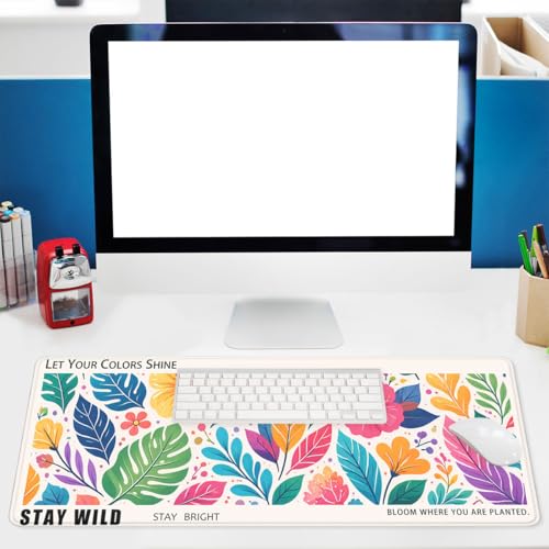 Inspirational Quote Mouse Pad Colorful Floral Leaves Tropical Large Desk Mat with Stitched Edges,Non-Slip Waterproof Rubber Base Mouse Mat Office Computer Keyboard Laptop 31.5"x11.8" - color: Inspirational Quote