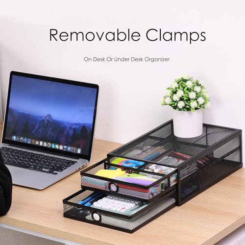 2-Tier Clamp-On Mesh Organizer, Under Desk Storage with Slide-Out Tray, No Drilling Tool-Free Installation, Durable Rust-Resistant Metal, Large-Capacity Organizer. - color: Black - 2 Tier