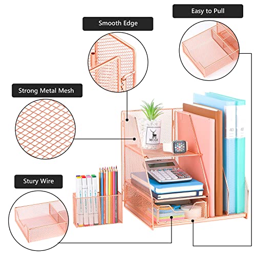Topwey Rose Gold Desk Accessories, Office Supplies Desk Organizer Caddy with Sliding Drawer, Double Tray, File Organizer and pen holder for Home, Office School - color: Rose Gold-2