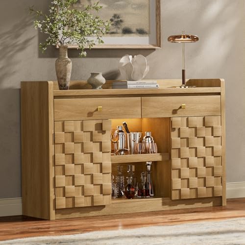 STO'SENSE 55" Sideboard Buffet Cabinet with Charging Station & LED Light, Coffee Bar Cabinet with Drawers, Pull-Out Shelf & Door Rack, Modern Storage Cabinet for Kitchen, Dining Room