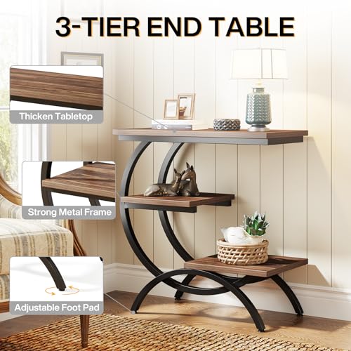 Tribesigns C-Shaped End Table, 3-Tier Industrial Sofa Side Table with Curved Metal Frame for Living Room, Bedroom, Couch, Small Space, Rustic Brown - color: Rustic Brown