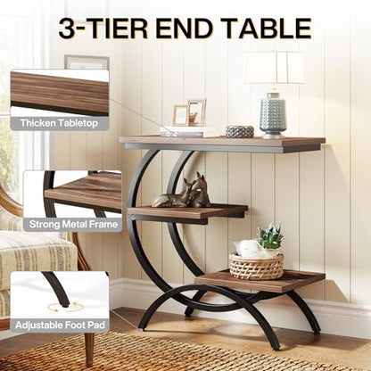 Tribesigns C-Shaped End Table, 3-Tier Industrial Sofa Side Table with Curved Metal Frame for Living Room, Bedroom, Couch, Small Space, Rustic Brown - color: Rustic Brown