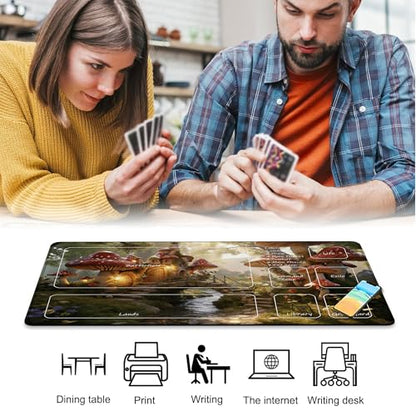 Playmat for MTG Enchanting Mushroom Houses Magic Play Mat 24x14 Inch Card Game Mat for Magic The Gathering TCG PTCG Playmat with Free Storage Bags Non-Slip Backing and Stitched Edge - color: Enchanting Mushroom Houses With Zones