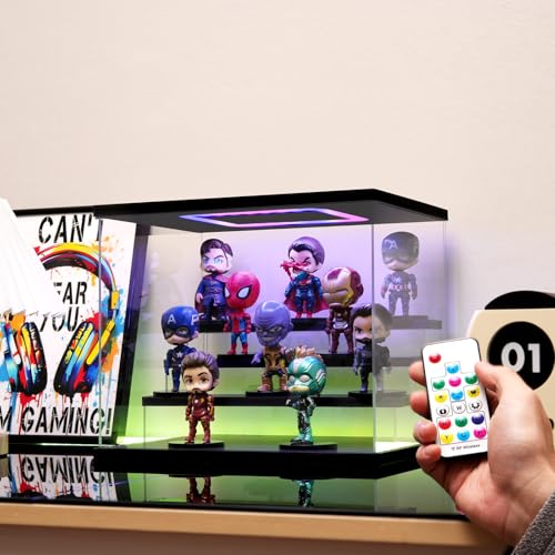 Clear Acrylic Display Case with Light , 4 Tier Multiple Color Lights Display Box Stand Assembly Dustproof Protection Showcase for Collectibles Action Figures (Black 12.6×9.6×10.6in) - color: Black-colorful light, size: 4 Tier 12.6×9.6×10.6in；32×24.5×27cm