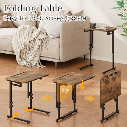 Adjustable Folding TV Tray Table,TV Dinner Small Foldable C-Shaped End Table for Eating,6 Height Adjustable Slide Under Couch Side with Sturdy MDF Top,No Assembly(Brown) - color: Brown, size: 1PC