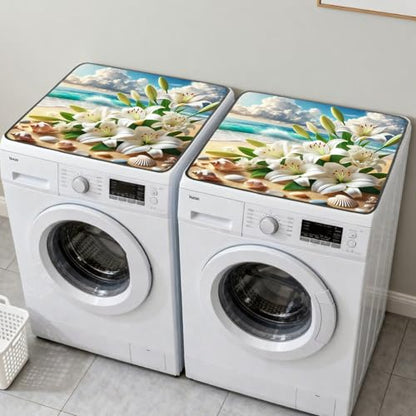 Nuxovilar Beach Lilies & Seashells Dryer Cover for the Top, Non-slip Washer & Dryer Protector, 23.62"x19.68" Dust-proof Washing Machine Mat, Diatom Mud Polyester Top Pad for Laundry Room - color: YHC00301