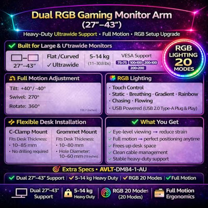 AVLT Dual 27”-43” RGB Gaming Monitor Arm Desk Mount Built-in 20 Lighting Modes Touch Button Control Fits Flat/Curved/Ultrawide Screen Height Swivel Tilt Rotation Adjustable Stand -White - color: White - Dual