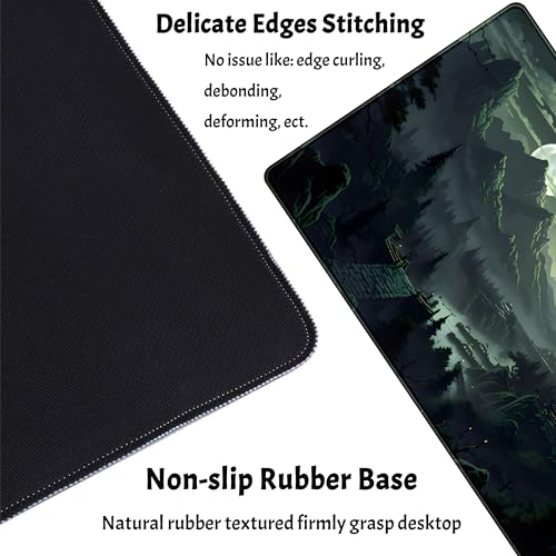 XXL Large Gaming Mouse Pad Anime Green Moon Mountains Desk Mat, Desk Decor Mousepad Computer Mat, Non-Slip Rubber Base Desk Pad, Laptop Keyboard and Mouse Mat with Stitched Edges, 31.5x15.75 in - color: Green Moon Mountains