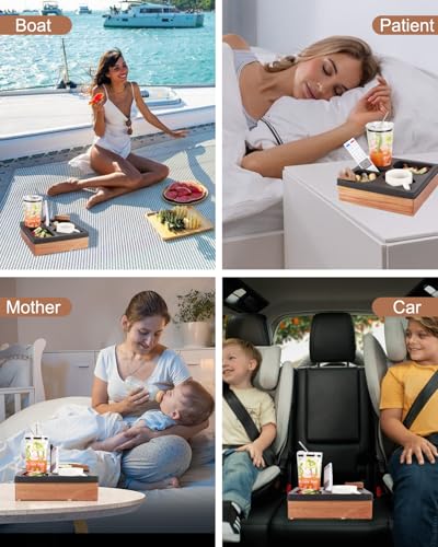 Couch Cup Holder Tray, Silicone Acacia Wooden Couch Caddy with Cup Holder for Snacks, Drinks, Remotes, Waterproof Cup Holder for Couch, Organizer, Movie Night Snack Trays - color: Black