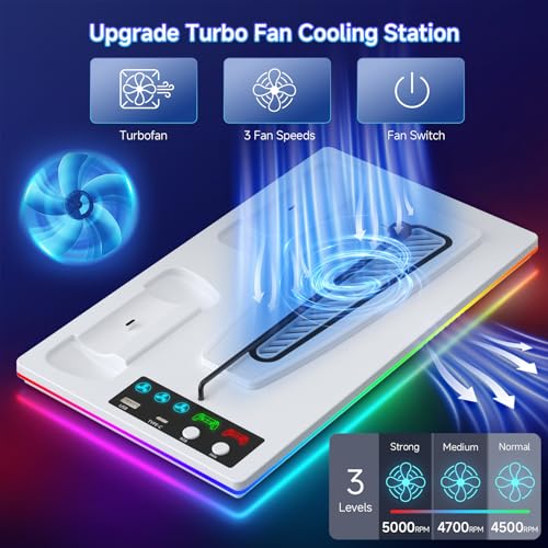 PS5 Cooling Station Stand RGB with Dual Controller Charging Station for PlayStation 5 Console, PS5 Accessories Incl. Controller Charger, Cooling Fan, Headset Holder, 3 USB Hub
