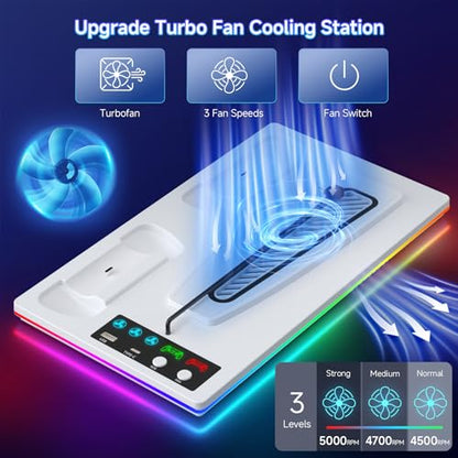 PS5 Cooling Station Stand RGB with Dual Controller Charging Station for PlayStation 5 Console, PS5 Accessories Incl. Controller Charger, Cooling Fan, Headset Holder, 3 USB Hub