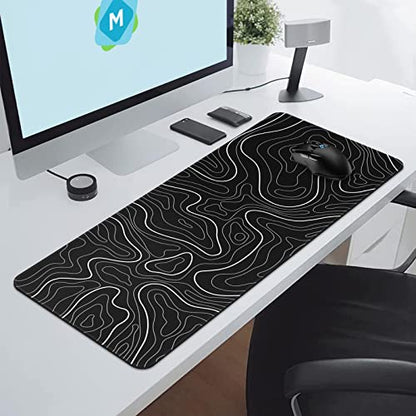 DIGSOM Gaming Mouse Pad, Black with White Topographic Line, 31.5x11.8in | XL Mouse mat, Smooth surface, Anti-slip rubber base, For keyboard and mouse, For home and office use - color: Black Topographic