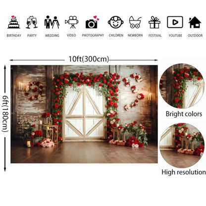 10x6ft Red Rose Brick Wall Wood Door Backdrop for Wedding Bridal Shower Party Decorations Mother’s Day Valentine's Day Engagement Backdrops Portrait Photo Booth Props - size: 10x6