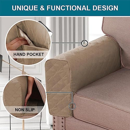 Turquoize 2 Pack Waterproof Armrest Covers for Chairs and Sofas Couch Arm Covers for Sofa Armrest Covers with Side Pocket Anti-Slip Furniture Protector Washable Armrest Slipcovers Set of 2, Khaki - color: Single Diamond- Khaki
