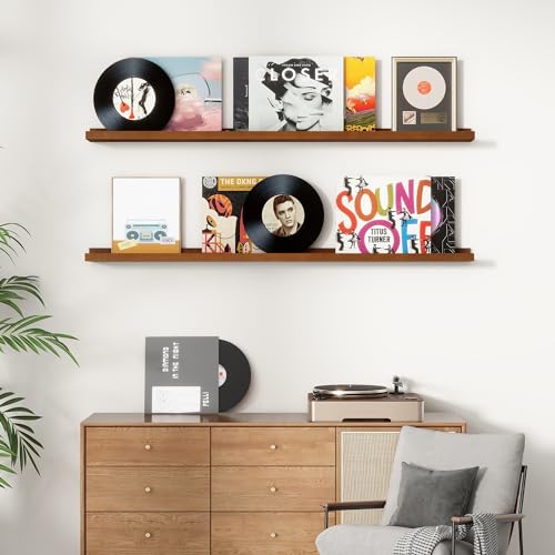 FLYJOE Picture Ledge Shelf, Floating Shelves Set of 2, Solid Pine Wood 55'' Long Large Nursery Book Shelves for Toys Storage, Kids Bookshelf for Living Room Bedroom Decor Books Photo Frames, Walnut - color: Walnut, size: 56'', set of 2