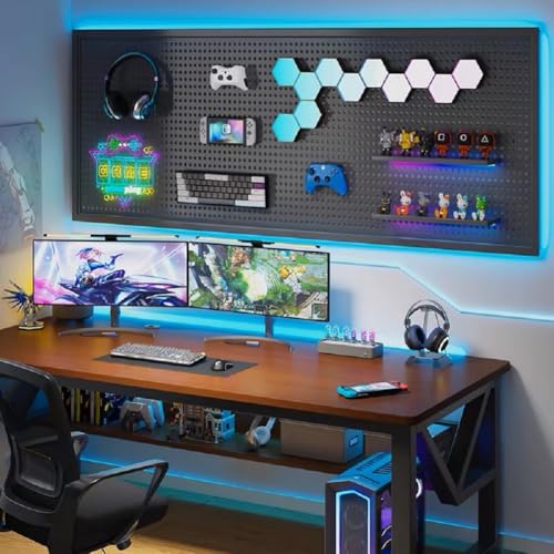 RGB Gaming Wall Organizer Peg Board with RGB LED Strip Lights, 2PCS Metal Gamer Wall Decor Peg Board with Hooks, DIY Gaming Setup Organizer PegBoard Gaming Wall Accessories 12 * 24”