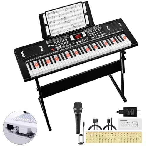 Keyboard Piano 61 Lighted Keys, Electric Keyboard Kit with 100 Voices, 100 Rhythms - Built-In Speaker, Microphone, Sheet Stand and Power Supply, Gift for Children Beginners [Black, Piano with Stand] - color: Black