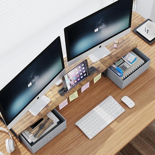 39 Inch Dual Monitor Stand Riser with 2 Drawers - Large Brown Wooden Computer Stand for 2 Monitors, Ergonomic Desk Organizer with Phone Holder, Desktop Storage for Laptop, Office Supplies, Home Office - color: Rustic Brown
