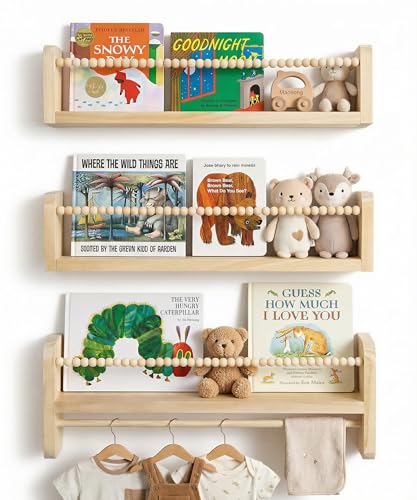 Nursery Book Shelves for Wall Set of 3, Natural Wood Bookshelves Wall Decor, Small Floating Shelf Organizer for Kids Room, Bedroom, Kitchen Spice Rack - color: Natural, size: 16 inch