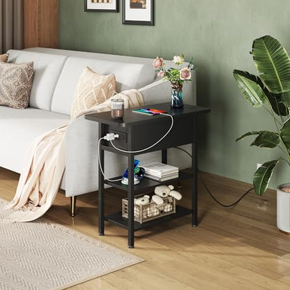 WLIVE End Table with Charging Station, Flip Top Narrow Side Table with Storage Shelf, Small Nightstand with USB Ports and Outlets,Bedside Table for Living Room, Bedroom,11.81" D x 23.62" W x 24.33" H - color: Black