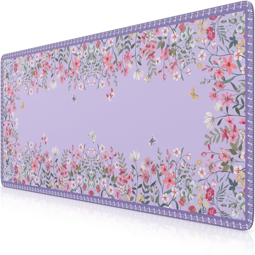 iCasso Desk Mat for Keyboard and Mouse,Cute Desk Pad Large,Anti-Slip Floral Computer Mat for Women,Girly Gaming Mouse Pad for Home Office (Purple) - color: Purple