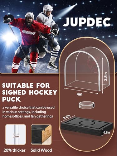 JupDec Hockey Puck and Collectibles Display Case, Premium Acrylic Clear Box Puck Holder with Mahogany Wood Base, Showcase for Autographed Souvenir Memorabilia, Collectible Figure Stand, Black - size: 1 Pack