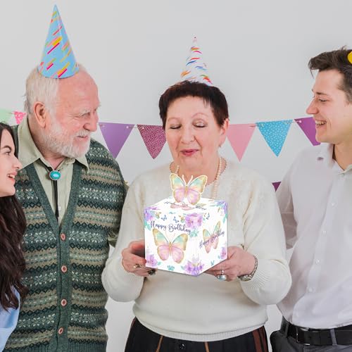 Butterfly Birthday Money Box for Cash Pull, Happy Birthday Boxes Gifts for Money Pull Out Card, 50Pcs Transparent Bags - color: Purple