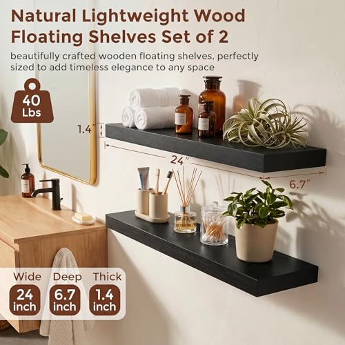 fuqing 24" x 6.7" x 1.4" Black Floating Shelves Set of 2, Rustic Black Wood Shelves for Living Room Bathroom, Hardware Included, 40 Lbs, Invisible Brackets - color: Black, size: 24 Inch-UP