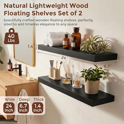 fuqing 24" x 6.7" x 1.4" Black Floating Shelves Set of 2, Rustic Black Wood Shelves for Living Room Bathroom, Hardware Included, 40 Lbs, Invisible Brackets - color: Black, size: 24 Inch-UP