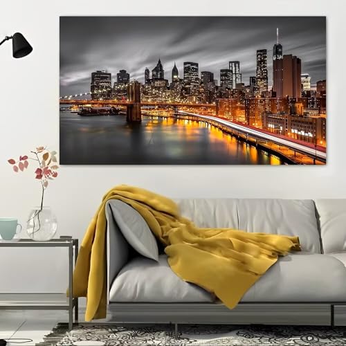 Cityscape Night Bridge Skyline Rustic Canvas Wall Art - 12x24in Unframed Poster- Home & Office Decor for Living Room, Bedroom, Kitchen & Cafe - color: Cityscape Night