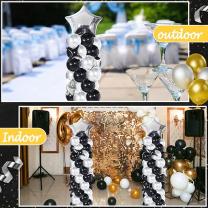 Gejoy 110 Pcs Black Silver Balloons Column Stand Kit Adjustable Tower Stand from 1.4 to 6.6 ft with Bases for Back to School Wedding Birthday Baby Shower Party - color: Black Silver