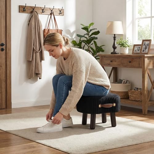 Foot Stools Ottoman with Handle Small Foot Stool Footrest Ottomon | Velvet Footstool Ottoman with Padded Seat, Curved Foot Rest Stool with Wooden Legs for Living Room, Entrywa（Black） - color: Black