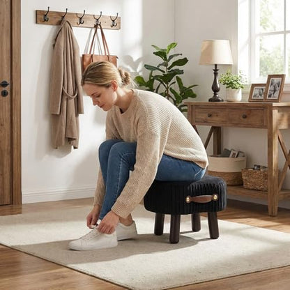 Foot Stools Ottoman with Handle Small Foot Stool Footrest Ottomon | Velvet Footstool Ottoman with Padded Seat, Curved Foot Rest Stool with Wooden Legs for Living Room, Entrywa（Black） - color: Black