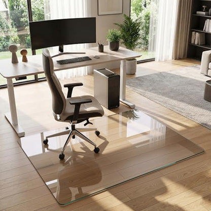 Tempered Glass Chair Mat for Hardwood Floor, 36" x 48" Heavy Duty Glass Office Chair Mat, for Low Pile Carpet, 0.2" Thick with 4 Non-Slip Pads, Smooth Rolling for Home & Office - size: 36" x 48"